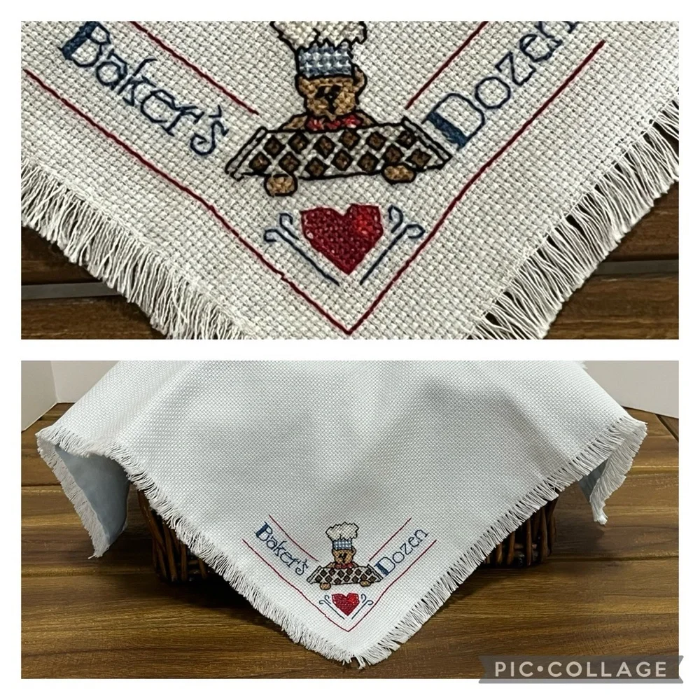 Cross Stitch Baker’s Dozen Bread Basket Linen Liner Cover Country Completed VGC